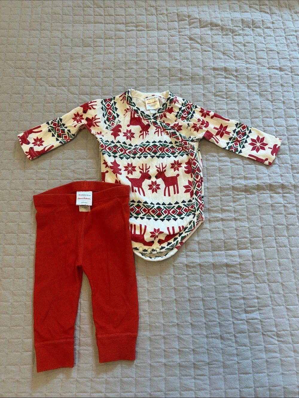 Hanna Anderson Holiday Reindeer Kimono Bodysuit with Red Ribbed Pants